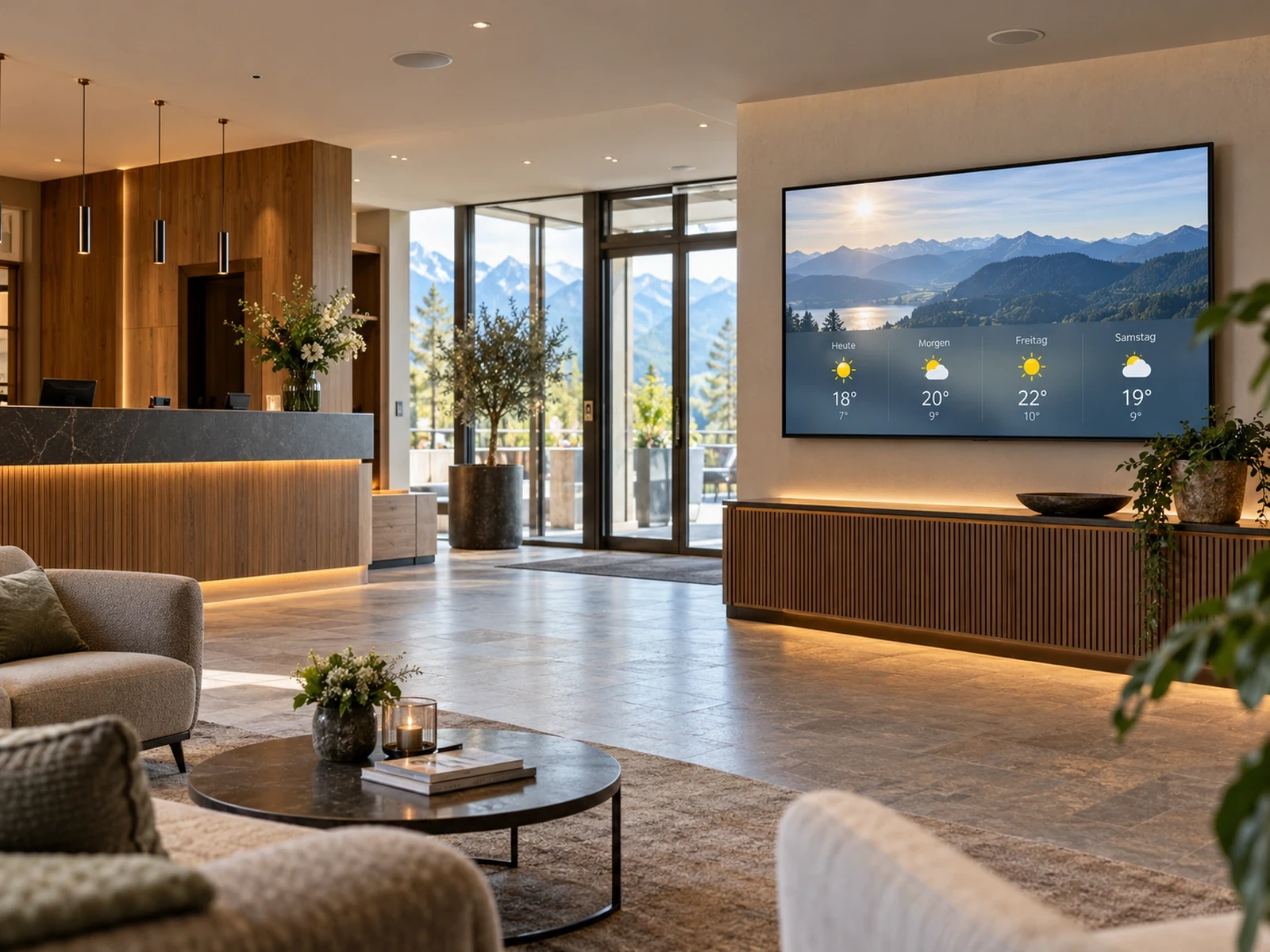 Symbolbild: Hotellobby mit großem Wetter-Informationsdisplay und dezenten Deckenlautsprechern.